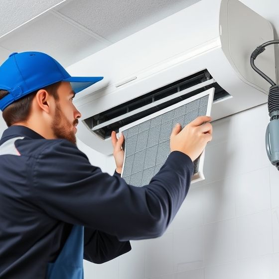 A technician replacing air condition filter