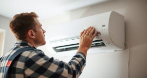 A technician maintaining split air condition